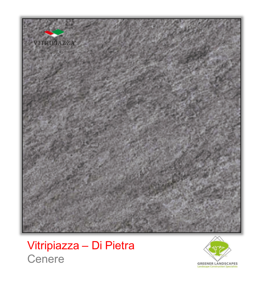 A picture of porcelain paving from the Vitripiazza collection. Pictured is the Di Pietra tile colour option Cenere.