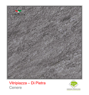 Open image in slideshow, A picture of porcelain paving from the Vitripiazza collection. Pictured is the Di Pietra tile colour option Cenere.
