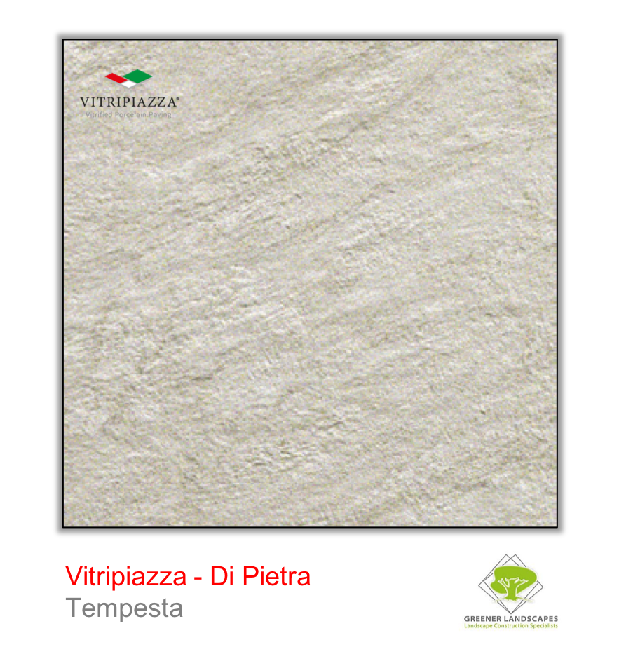 A picture of porcelain paving from the Vitripiazza collection. Pictured is the Di Pietra tile colour option Tempesta.