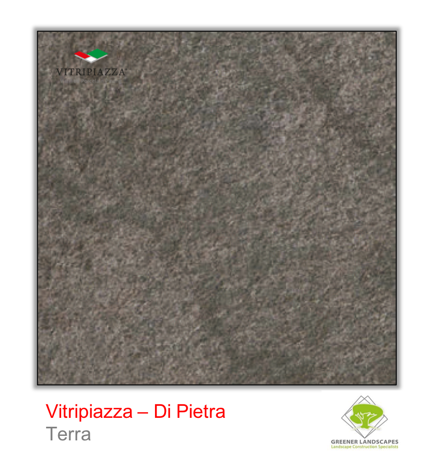 A picture of porcelain paving from the Vitripiazza collection. Pictured is the Di Pietra tile colour option Terra.