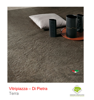 Open image in slideshow, A picture of the Di Pietra tile from the Vitripiazza Porcelain Paving Collection pictured in Terra.
